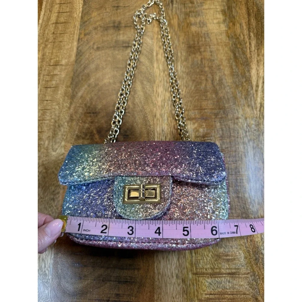 Girls Rainbow Glitter Mini Purse Gold Chain Crossbody Kids Sparkle Handbag